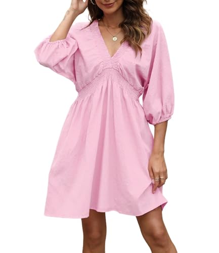 Image of Ladyful Women's Cotton Linen Mini Dress Summer 3 /4 Sleeve Deep V Neck Casual Lining Flowy Tunic Dress Short Sundress