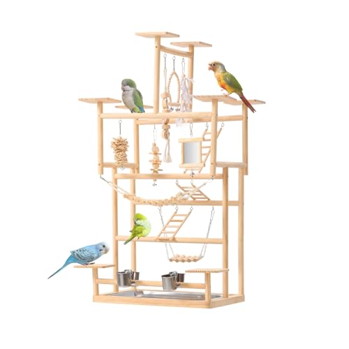 VELVETPAW Bird Playground 7-Level Natural Wood Parrot Playstand with Feeders & Toys Modular Two-Tier Bird Play Gym Detachable Top Tabletop Stand