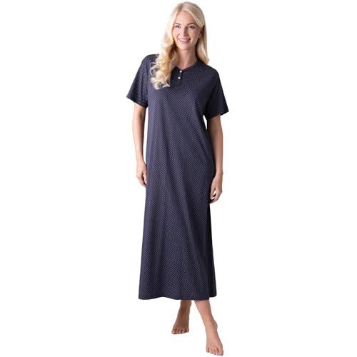 Image of Camille 100% Organic Cotton Ladies Nighties – Full Length Floral Cotton Nightdress in Relaxed Fit Maxi Style with Short Sleeves - Navy Blue Dot 14-16
