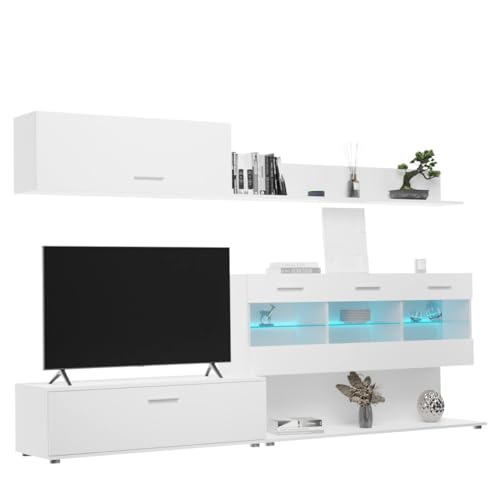 amuéblate online - Mueble de Salón Moderno con Leds, Módulos de Comedor, Modelo Flora, Acabado en Blanco, Medidas: 250 cm (Ancho) x 115 cm (Alto) 40 cm (Fondo)