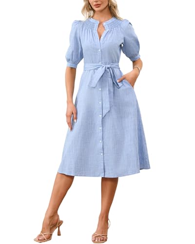 Women's Cotton Linen Midi Dress Button Down A Line Flowy Summer Holiday Long Dress with Belt