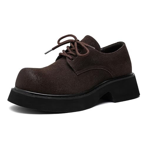 Zapatos Oxford de ante for hombre con tacón grueso, zapatos de vestir con punta redonda y cordones for uso informal de negocios en negro marrón(Brown,43 EU)