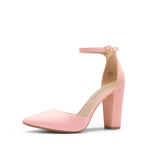DREAM PAIRS Women's Coco High Heels Chunky Block Pumps Pointed Closed Toe Ankle Strap Dress Shoes 5.5 Pink/Suede