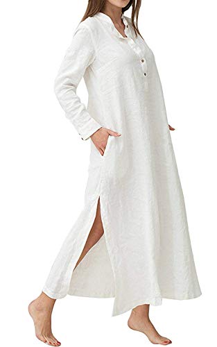 Minetom Herbst Winter Maxikleider Damen Leinenkleid Strandkleid Langes Kleid Retro Langarm Party Bluse Kleider Freizeitkleid mit Taschen Knopf Große...