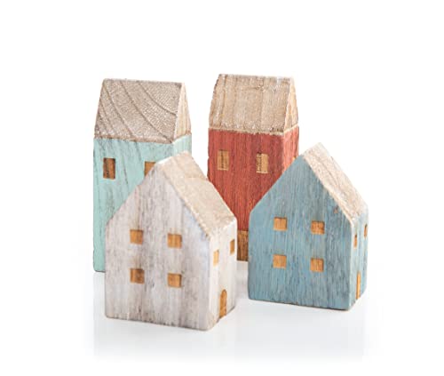 Logbuch-Verlag 4 pequeñas casitas de madera – Figuras de casa azul y rojo natural – Casa de madera decorativa – 9 – 13 cm