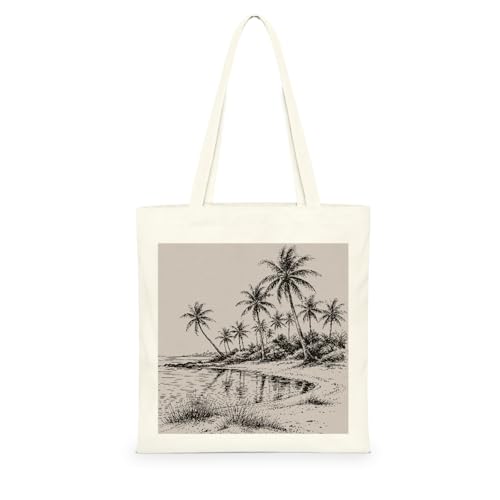 Genérico Bolsa Tote Bag 35X38Cm Árbol De Coco Bolsa Tela Para Pintar Estampada Bolsas De Con Algodon Asas Blanca Por Niñas Y Mujeres Lienzo Bolsas Eco, Lavadora, Compras, Vacaciones, Trabajo