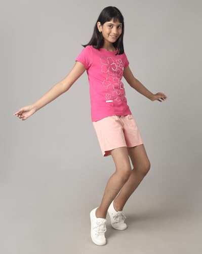 Image of Under Fourteen Only - Girl's T-Shirt | Girls Cotton Round Neck Graphic Printed Half Sleeve T Shirt | Half Sleeve, Fabric - Knits | 14-15 Years (Pink)