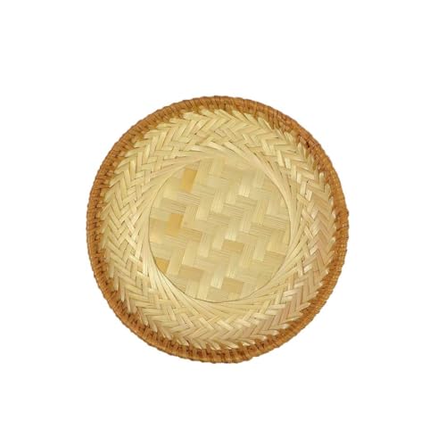 1 Pack Handmade Round Bamboo Bread Basket Wicker Woven Flat Serving Tray Handwoven Fruit Basket Shallow Food Storage Serving Tray Shallow Wicker Organizers for Food Storage Fruit Snacks 17cm