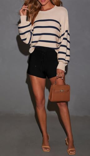 INFITTY Striped Sweater Women Casual Crewneck Long Sleeve Ribbed Knitted Cropped Oversized Top4