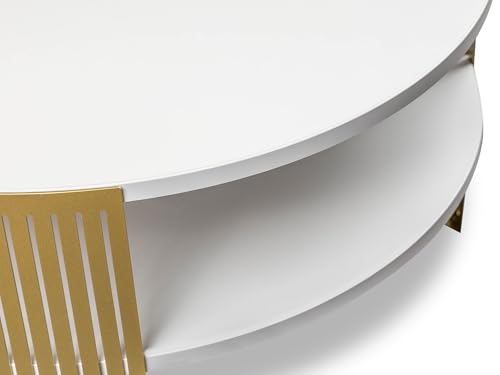 Mirjan24 Couchtisch mit Ablage Fahugin, Runde Form, Beine aus Metall, Kaffeetisch, Wohnzimmertische, Beistelltisch, Sofatisch, Teetisch (Arktisches Weiß, Gold) – Bild 8