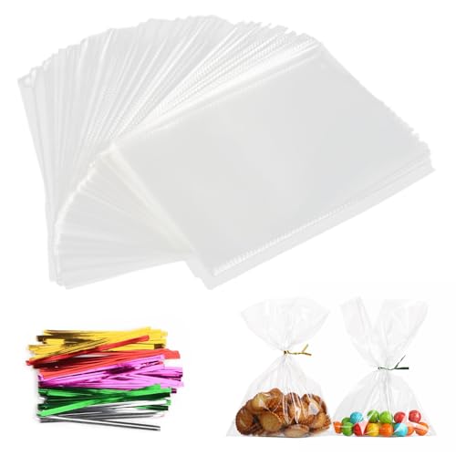 AIVEKE 100 Piezas Bolsas de Celofán -15 x 25 cm Bolsas de Regalo Transparentes Bolsas de Caramelo con 100 Cintas Metálicas para Caramelos Galletas Pan Chocolates