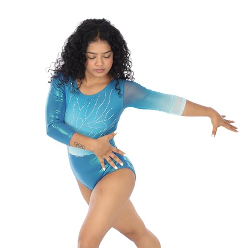 Image of IKAANYA Girls or Women Full Sleeves Rhinestones Leotard - Ideal for Gymnastics, Dance, Yoga, Acrobatics or Performance (Toddlers, Kids, Adults)