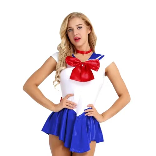 Minivestido de marinero acampanado de piel sintética de PVC de manga corta para disfraz de cosplay, Azul, XXXXXL