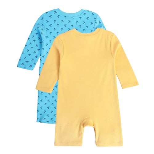 Image of miniklub Baby Round Neck Knitted Cotton Printed Romper, Pack of 2 (Blue /Yellow Color)