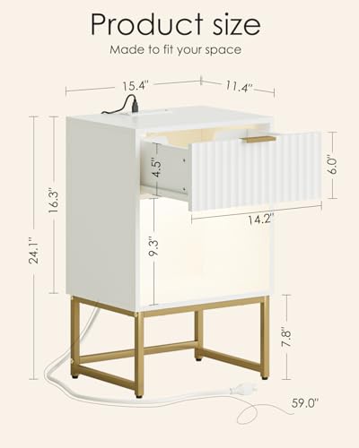 Image of Masupu Fluted Nightstand with Charging Station and LED Lights,Modern Night Stand Wood Bedside Table with Storage Drawer Side End Table for Bedroom, Office,White