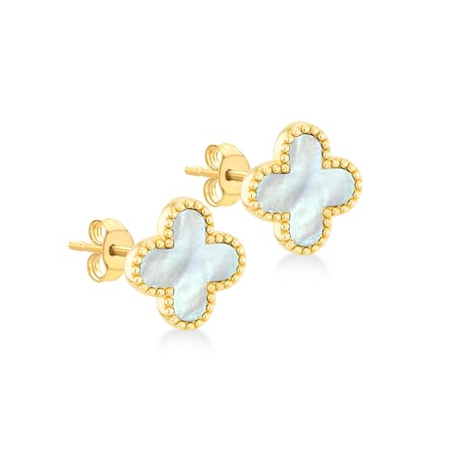 Boucles d'oreilles femme en or jaune 9 ct trèfle nacre puces 11,4