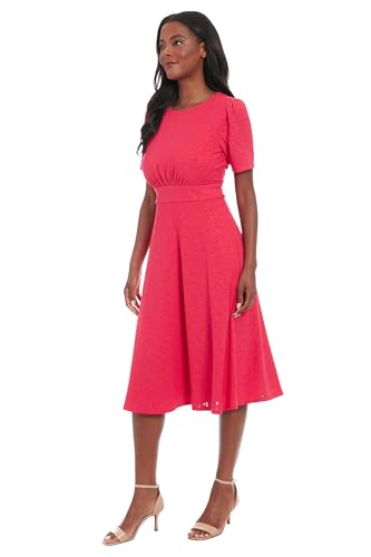 Image of London Times Women's Women's Eyelet Midi A-line Dress with Puff Sleeves - Gathered Waist Empire Cut - Wedding Guest Dress