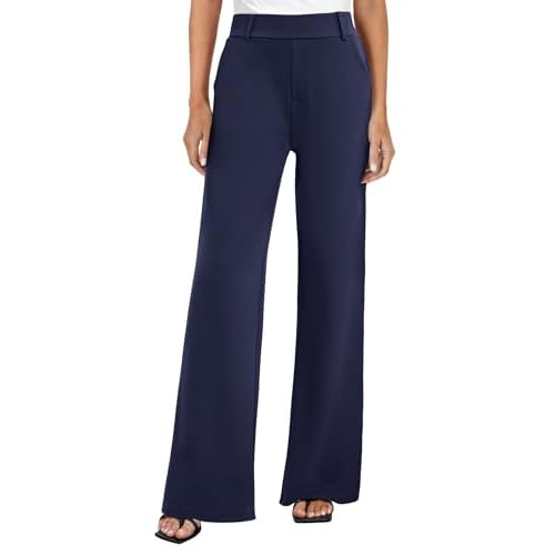 FireSwan Women's Wide Leg Dress Pants High Waisted Stretchy Work Trousers Business Casual Office Pull on Slacks with Pockets Navy X-Small