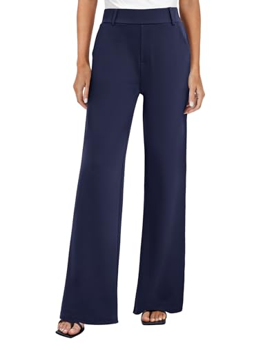 FireSwan Women's Wide Leg Dress Pants High Waisted Stretchy Work Trousers Business Casual Office Pull on Slacks with Pockets Navy