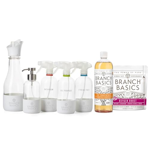 Branch Basics Premium Starter Kit in Glass: All Purpose Cleaner, Glass Cleaner, Bathroom Cleaner, Wash Bottle, and Laundry Bottle (3 Glass Spray Bottles + Concentrate) Fragrance-Free