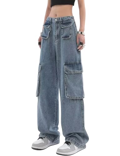Perbai Women's Baggy Cargo Jeans Low Rise Wide Leg Denim Pants Y2K Streetwear with Pockets