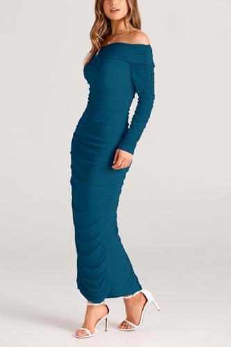 PRETTYGARDEN Women's Fall Off The Shoulder Maxi Dress Spring Long Sleeve Ruched Fitted Bodycon Club Dresses with Slit
