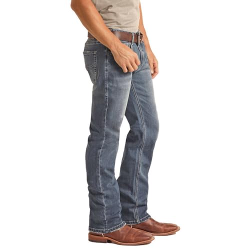 Rock & Roll Denim Men's and Hooey Revolver Medium Wash Stretch Slim Straight Pecan 34W x 36L3