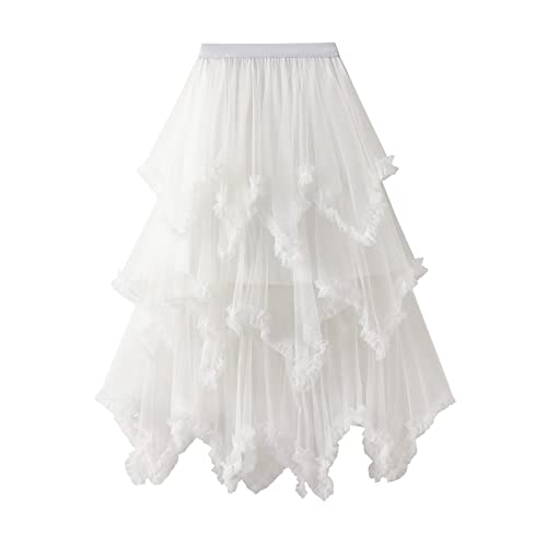 Women's Tulle Skirt Asymmetrical Pleated Elastic High Waist Layered Tutu Skirt Casual Cocktail Party A-Line Mesh Midi Skirt