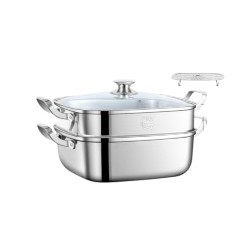 Qobvoeh 蒸し器 316ステンレス製蒸し鍋 ステンレス 三段 家庭用蒸し器 角型蒸器蒸し料理調理器具 多機能 お手入れが簡単 白色 (30cm ダブルレイヤー)