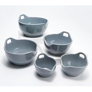 Temp-tations Set of 5 Mixing Bowls w/Pour Spouts & Loop Handle, 3.5 Qt Down to 0.5 Qt, Mix, Bake, Serve (Woodland Gray)