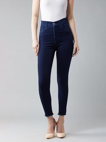 Image of Miss Chase Women's Skinny High Rise Cropped Fringed Hemline Detailing Stretchable Denim Jeans
