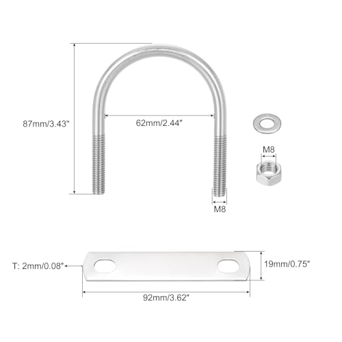 Image of uxcell Round U-Bolts, 8 Sets 62mm(2.44 inch) Inner Width 87mm Length M8 304 Stainless Steel U Clamp Bolt with Nuts and Plates, for Boat Trailer