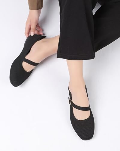 Women's Mary Jane Ballet Flats Square Toe Knit Ballerina Walking Dressy Office Slip-on Shoes with Strap 5