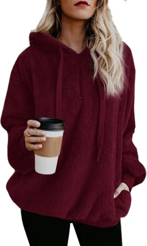 Product Image of the ReachMe Womens Oversized Sherpa Pullover Hoodie with Pockets Fuzzy Fleece Sweatshirt Fluffy Coats(A Burgundy,M)