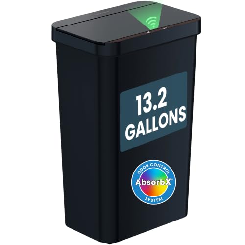 Image of iTouchless 13.2 Gallon Sensor Trash Can with AbsorbX Odor Filter, Durable Dent-Proof Construction, Slim and Space-Saving Automatic Bin for Kitchen, Home, Office, Business, Garage, Black Plastic
