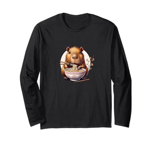 Linda camiseta de anime Kawaii Capibara comiendo fideos ramen japoneses Manga Larga