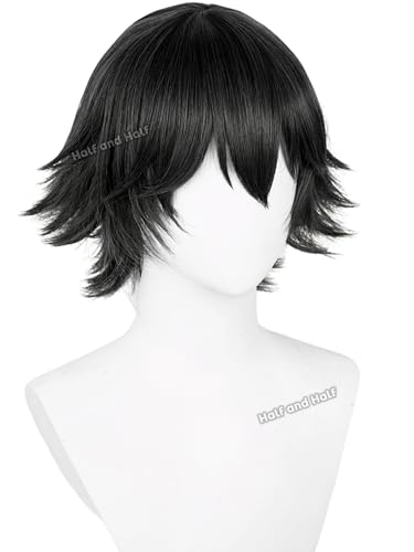 Image of Ranpo Cosplay Wig Black Juuzou Wigs Short Black Anime Male Wig with Bangs | Black Spiky Layered Synthetic Hair for Women Men Halloween Party