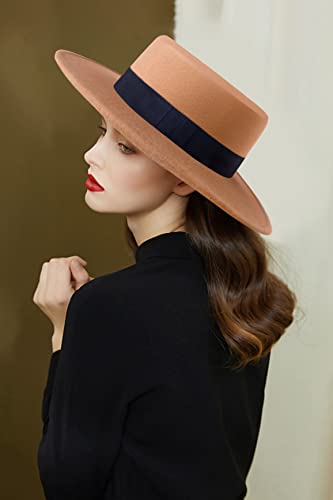 Image of BABEYOND Wide Brim Fedora Flat Top Hat Wool Felt Boater Pork Pie Hat for Men Women