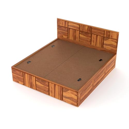 Image of Solid Sheesham Wood King Size Bed with Storage | Modern Wooden Bed with Box Storage | Strong Durable Bed Frame with Designer Headboard | Ideal for Bedroom Home & Hotel (Honey Finish)