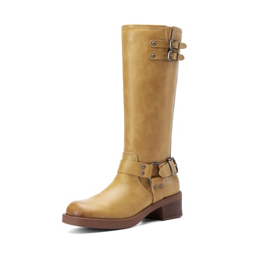 DREAM PAIRS Women's Knee High Boots Side Zipper Motorcycle Boots Square Toe Chunky Low Heel Fashion Buckles Biker Riding Boots,Size 8,Yellow,SDKB2412W