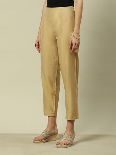 Image of Rangriti Gold Viscose Straight Solid Slim Pants for Women