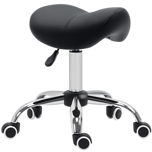 HOMCOM Cosmetic Stool 360 Rotate Height Adjustable Salon Massage Spa Chair Hydraulic Rolling Faux Leather Saddle Stool Mobility Black