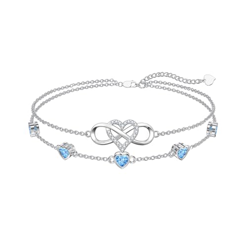 Image of Dorunmo 925 Sterling Silver Infinity Heart Birthstone Anklet Bracelets for Women Best Mother's Day Birthday Jewelry for Wife Girlfriend Mom Her