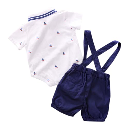Image of Hopscotch Boys Cotton Graphic Print Formal Set Suspender Shorts Formal Set with Bow in Navy Color