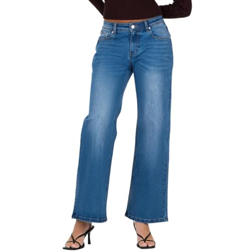 Forever 21 Jeans feminino de cintura baixa e elástico largo, Azul, 44