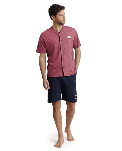 ANTONIO MIRO Pijama Hombre Abierto Sailing de Algodón con Manga Corta Pantalón Corto Punto Piqué Detalles Bordados Bolsillos y Diseño de Verano Color