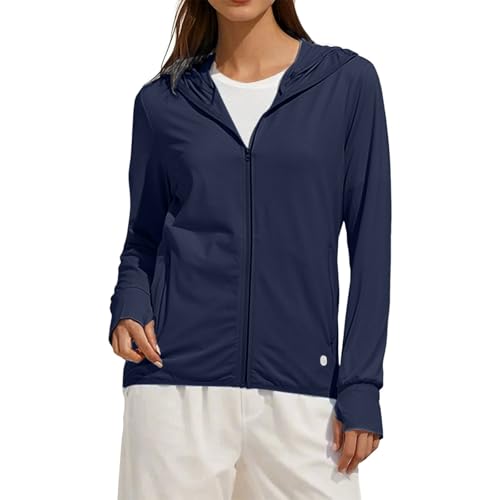 Generisch Chaqueta de running para mujer, verano, UV, con capucha, manga larga, tallas grandes, secado rápido, yoga, fitness, deporte, camiseta deportiva Upf 50+ Full Zip Sun Hoodie con agujero para