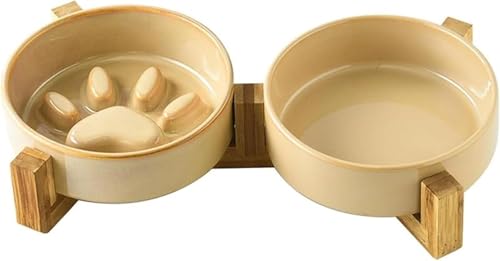 Zxyler 食器・ボウル 早食い防止 食器 ペット 犬猫用 餌入 木製 ペット皿 ボウル 滑り止め 安定感 取り外し可能 台 フードボウルスタンド犬 猫食器 陶器
