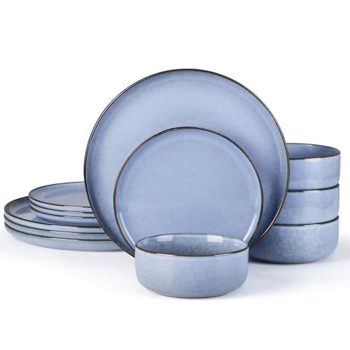 La mejor comparación de Vajilla crisa 12 piezas Top 10. 43 E-far - Juego de vajilla de 12 piezas, vajilla para 4 personas, platos y cuencos de gres, apto para microondas y lavaplatos, azul océano