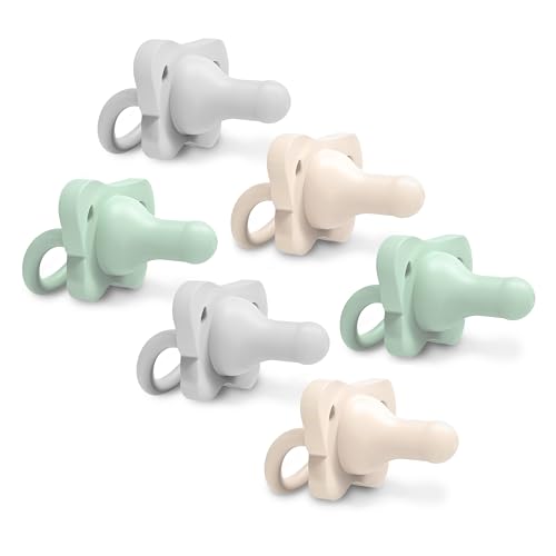 Image of Dr. Brown's HappyPaci 100% Silicone Baby Pacifier, Contoured One-Piece Design, Green, Cool Gray, Ecru, 0-6m, BPA-Free, 6 Pack